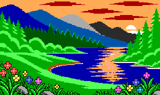 A river valley at sunset, pines and wildflowers on its banks, drawn in the sixteen EGA colours
